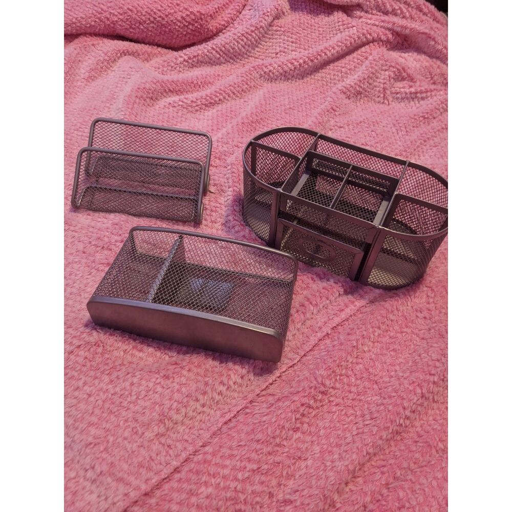 Silver Metal Mesh Desk Organizer Set 3 Piece Office Caddy Storage Mail Holder